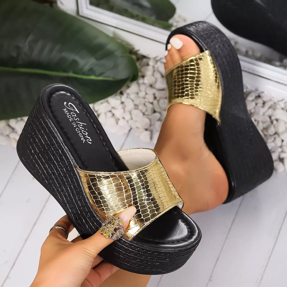 Open Toe Wedge Sandals in Gold for Women