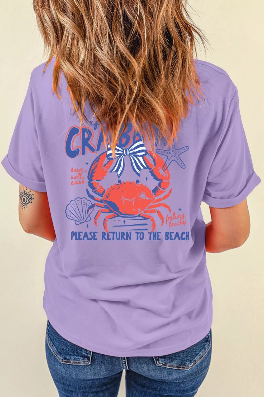 Crabby Beach Day Graphic T-Shirt in Pink Purple for Women