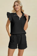 Plus Size Texture Flounce Sleeve Top and Shorts Set in Black for Women