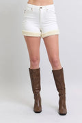 High Waist Shearling Cuff Denim Shorts Plus Size in Wht for Women