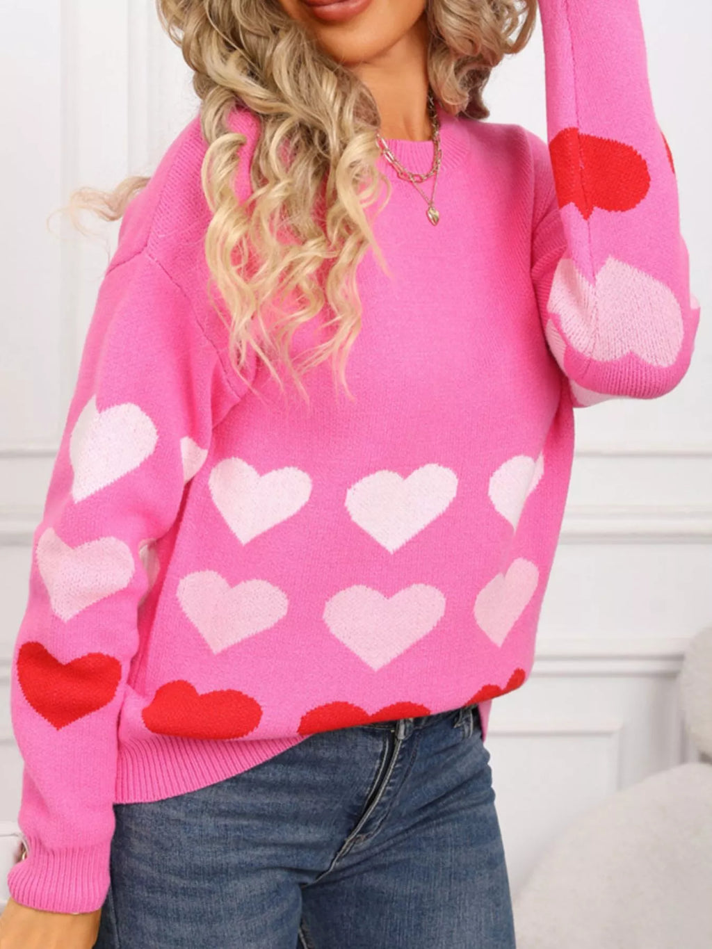 Valentines Day Heart Pattern Crew Neck Sweater in Black for Women