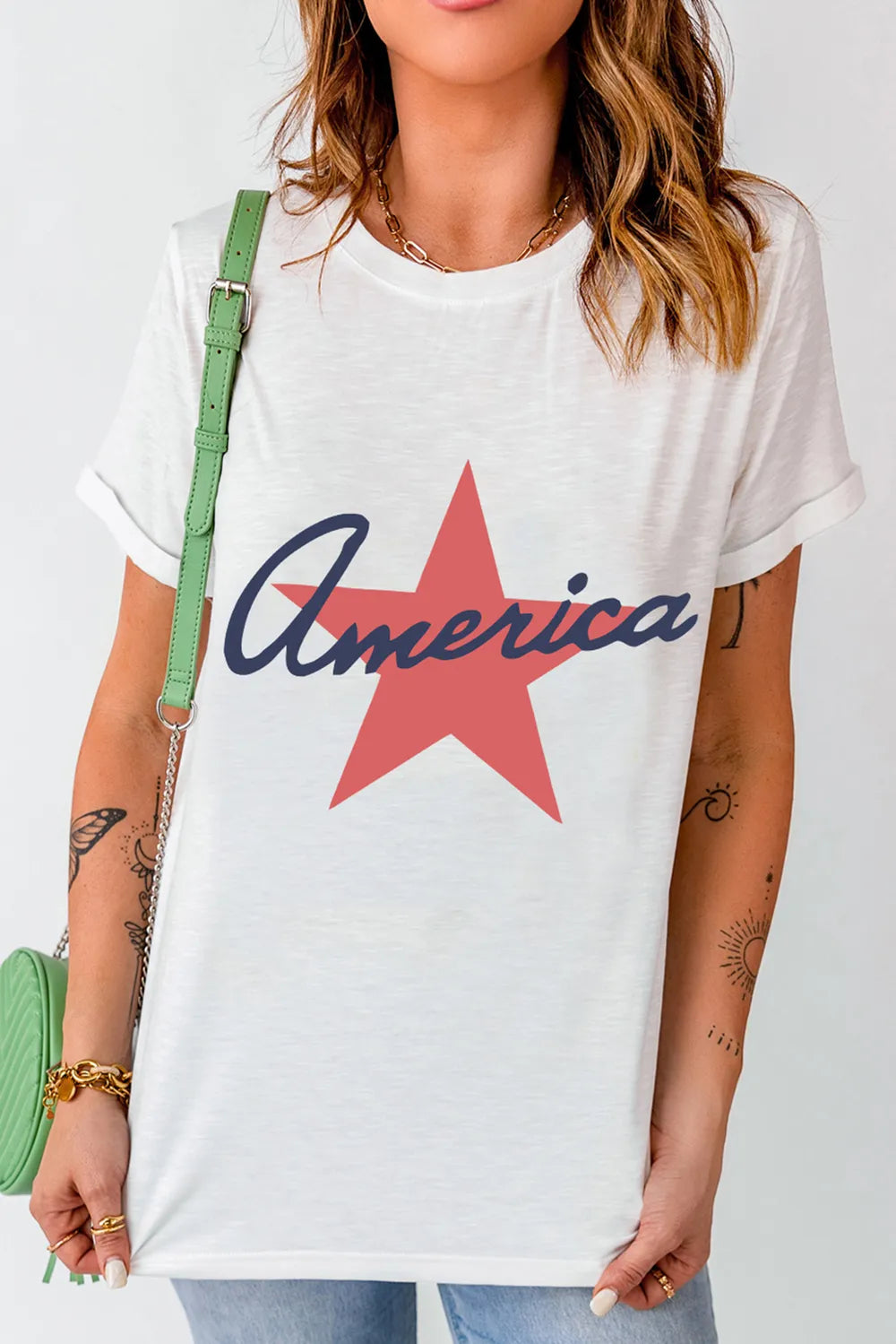 Star Round Neck Short Sleeve T-Shirt in White for Women