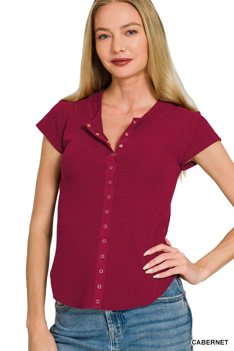 Double Knit Snap Button Short Sleeve Shirt in Cabernet for Women