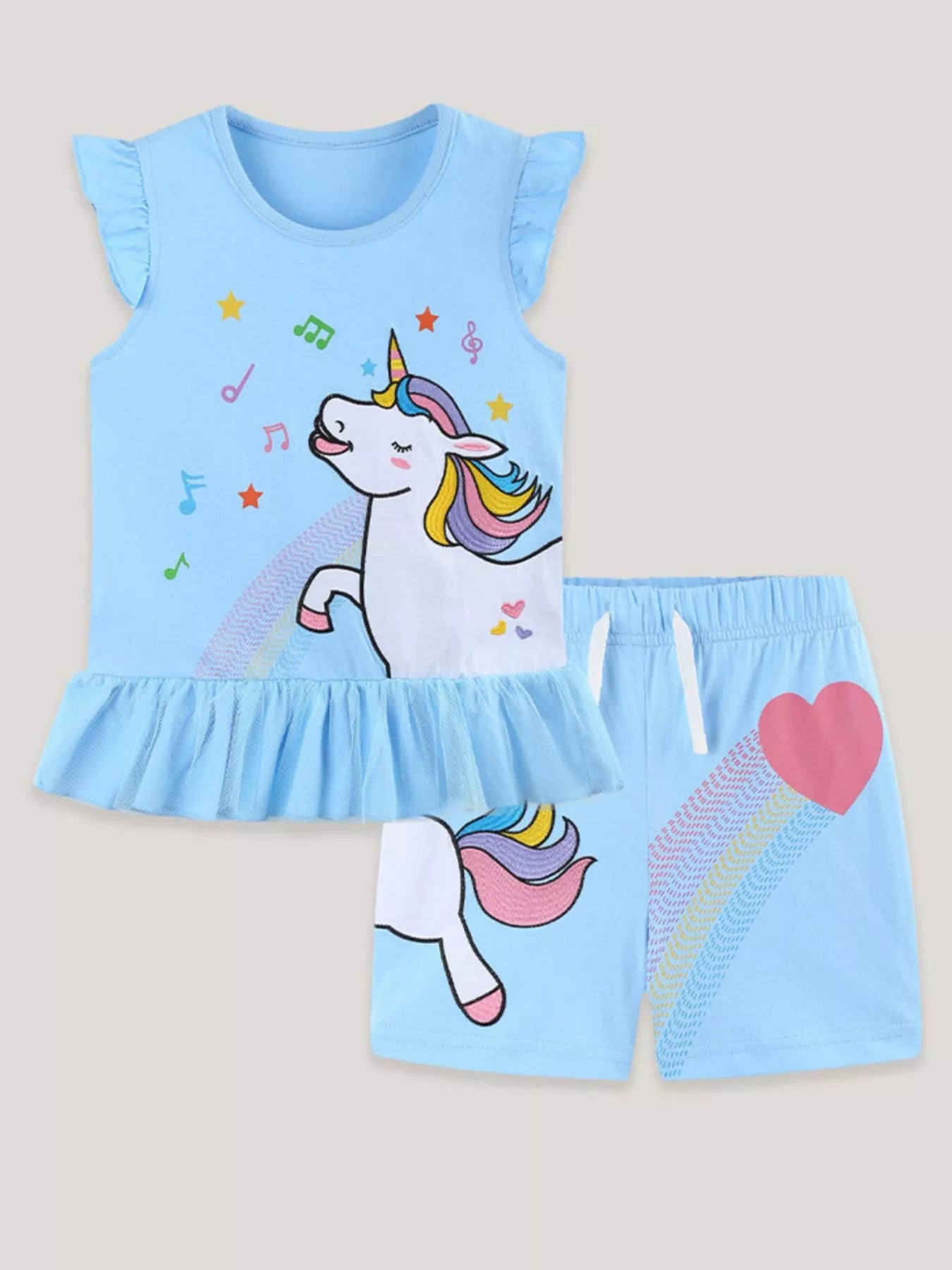Unicorn Ruffle Trim Top and Shorts Set in Pastel Blue for Girls