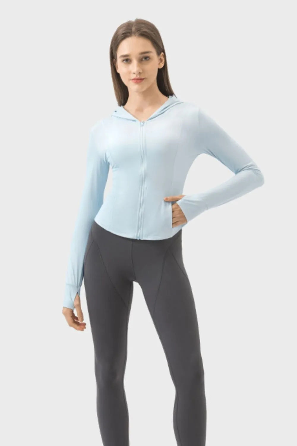 Pocketed Zip Up Hooded Long Sleeve Active Outerwear in White for Women