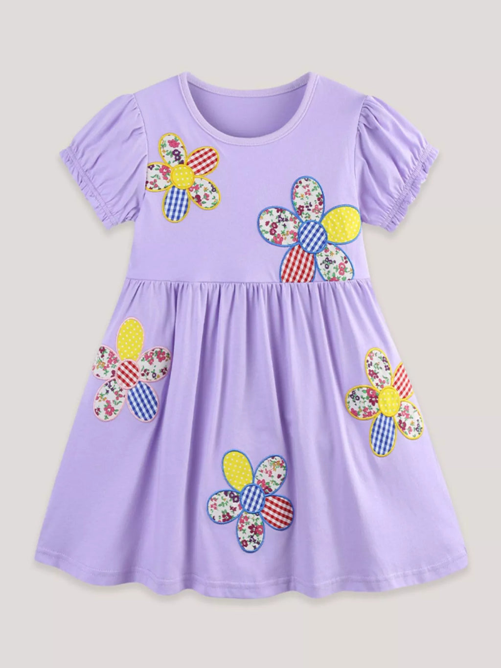 Floral Puff Sleeve Casual Dress in Lavender for Girls