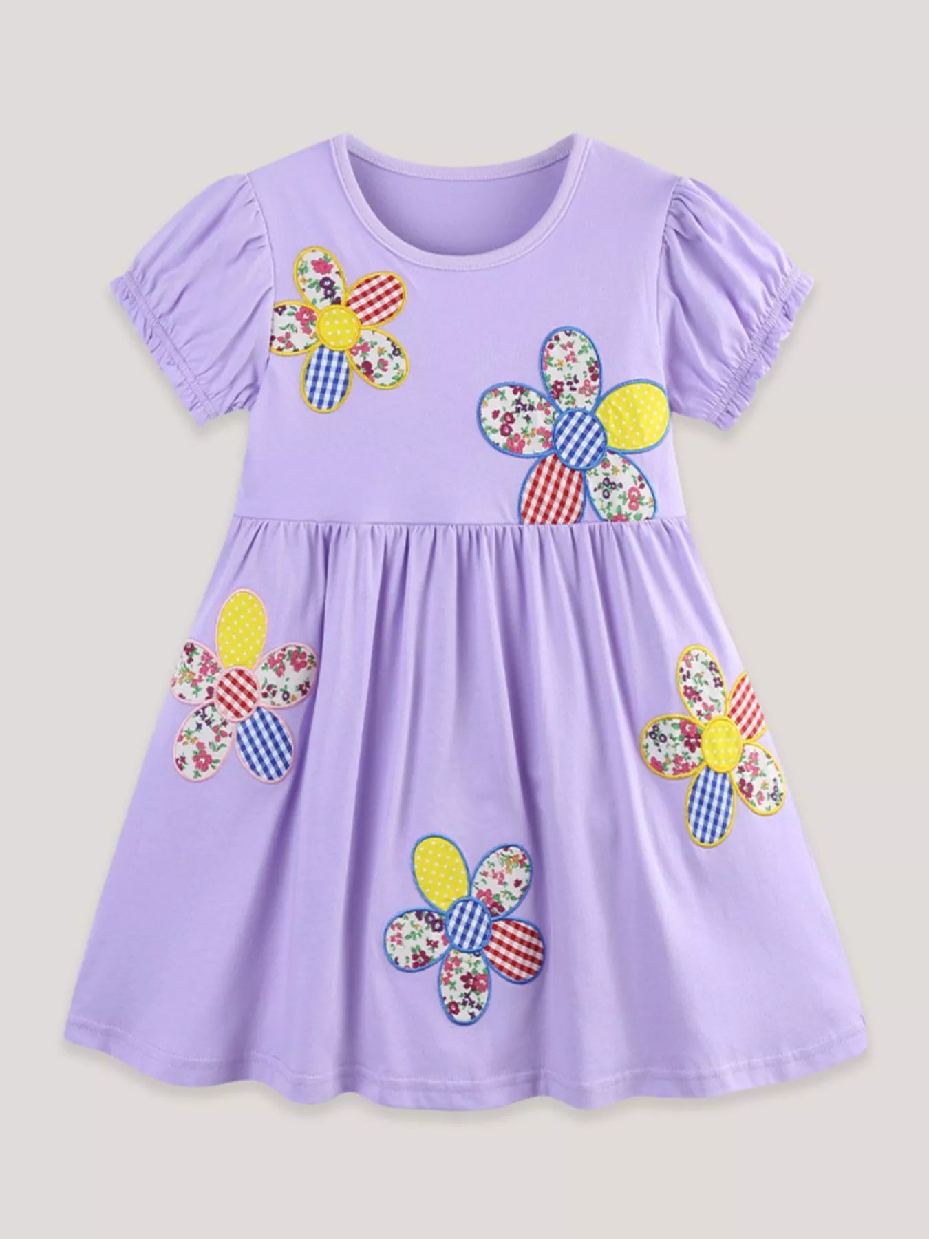 Floral Puff Sleeve Casual Dress in Lavender for Girls