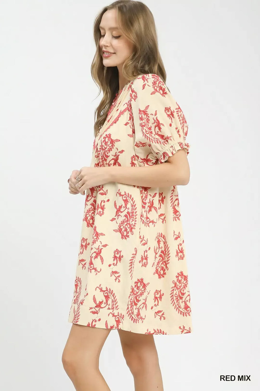 Mix Paisley Scallop Trim Dress in Red Mix for Women