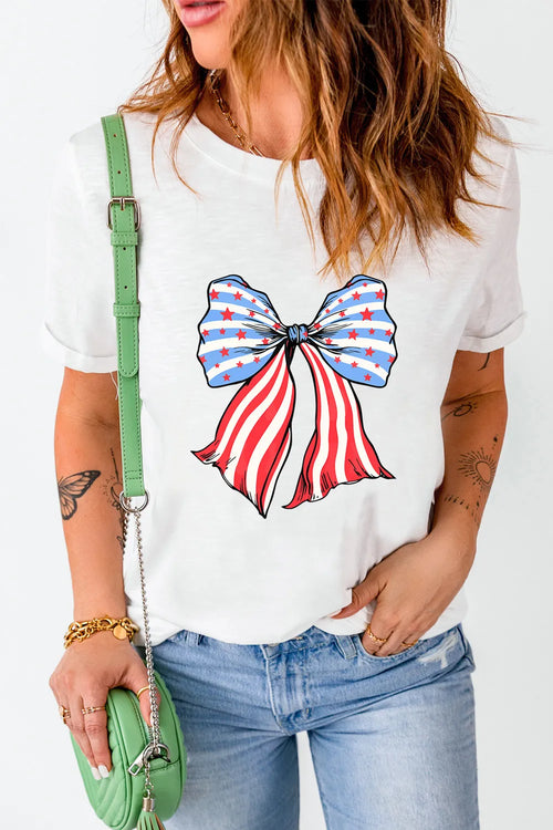 Bow Graphic Round Neck Short Sleeve T-Shirt in White for Women
