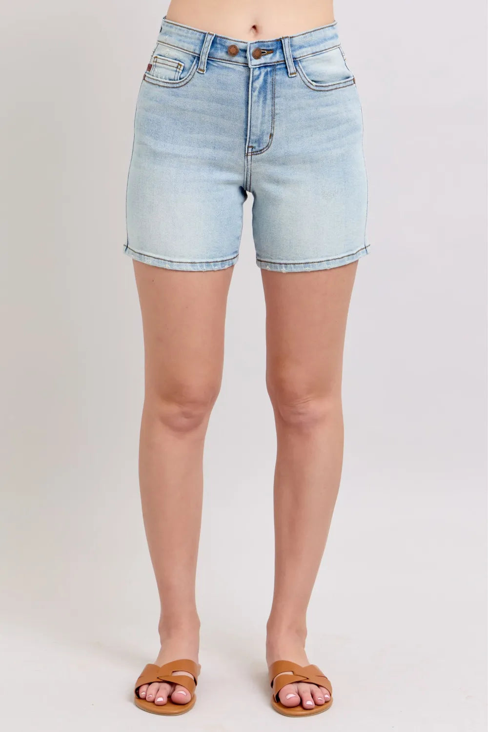 2 Button Denim Shorts with Pockets Plus Size in Light for Women