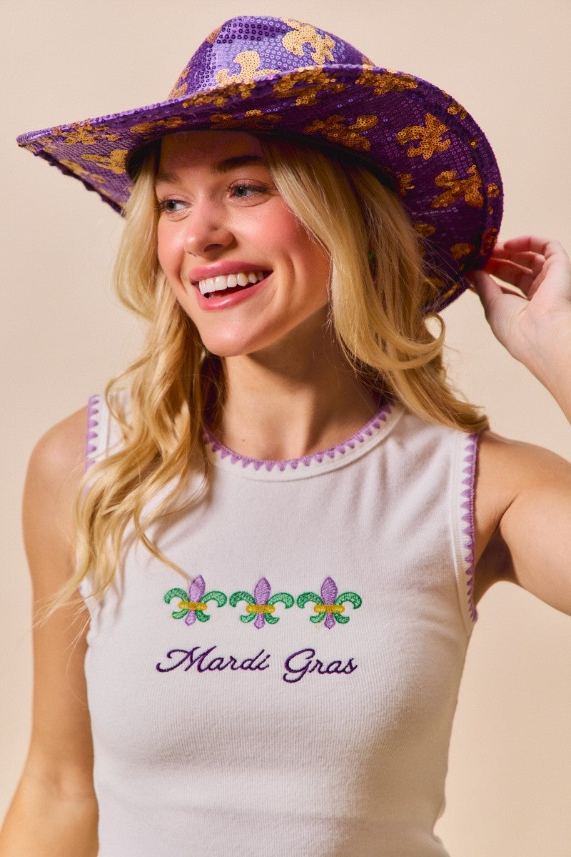 Mardi Gras Tank Top with Contrast Blanket Stitch in Off White for Women
