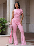 Ruched One-Shoulder Flare Leg Jumpsuit in Pink for Women