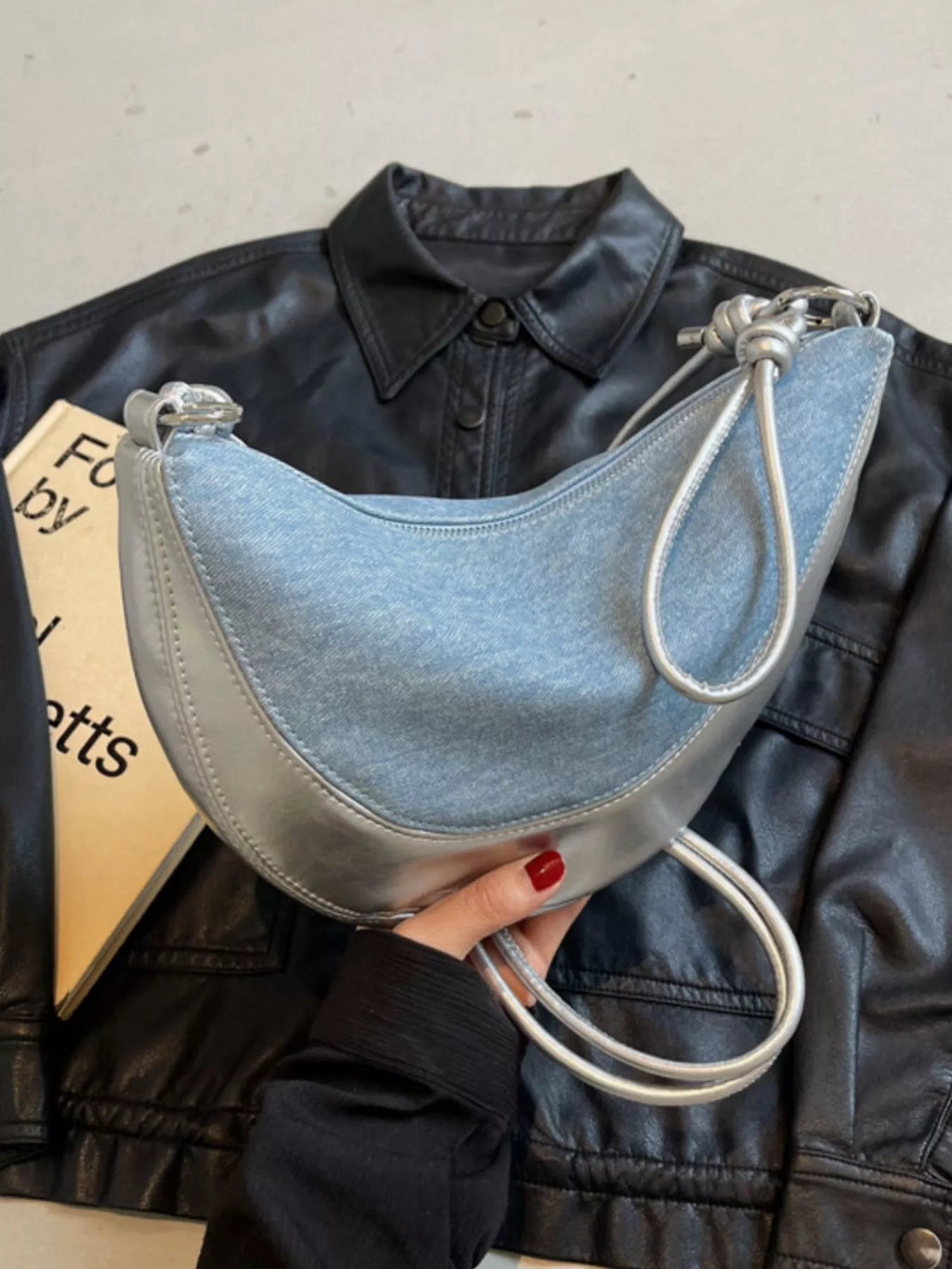 Denim Crescent Hobo Crossbody Bag for Women