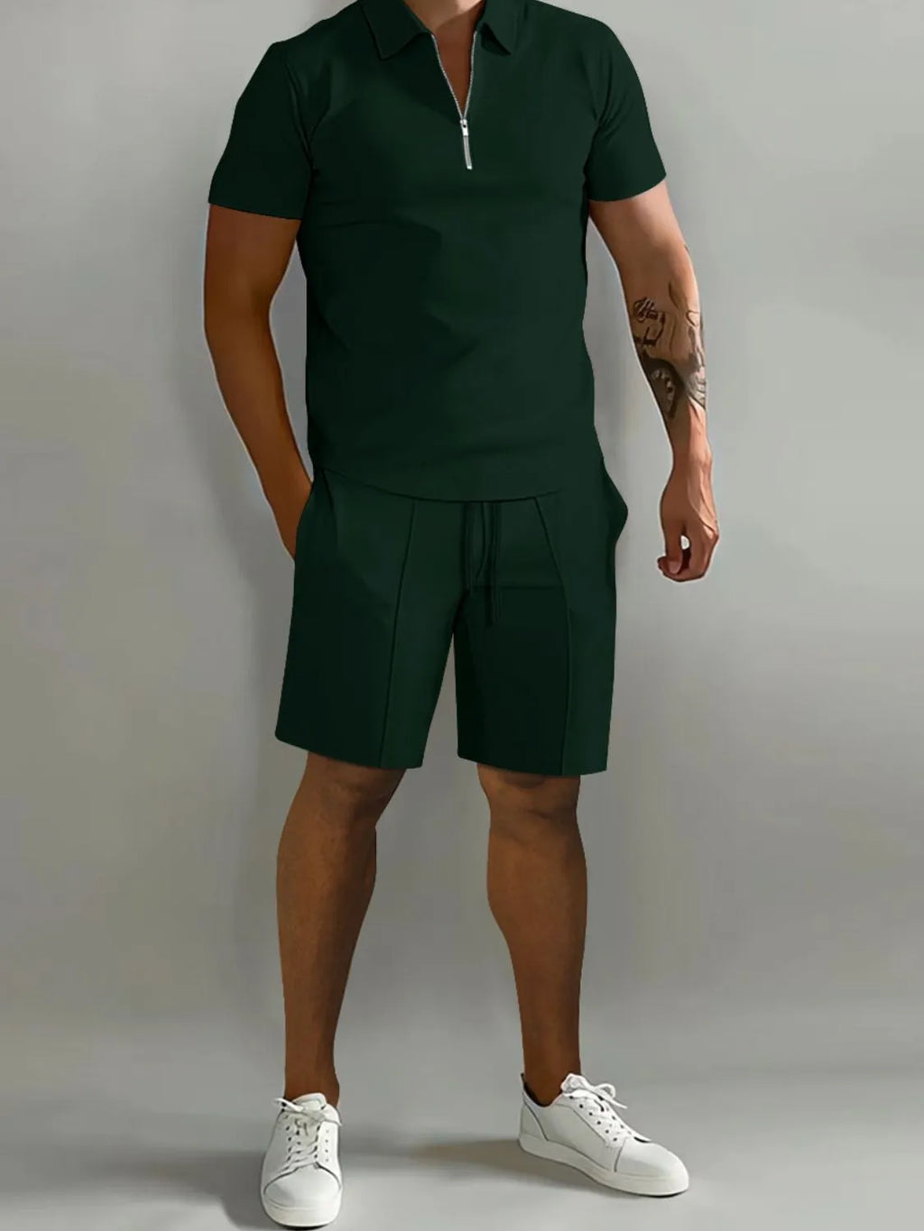 Collared Neck Short Sleeve Top and Shorts Set Plus Size in Gray for Men