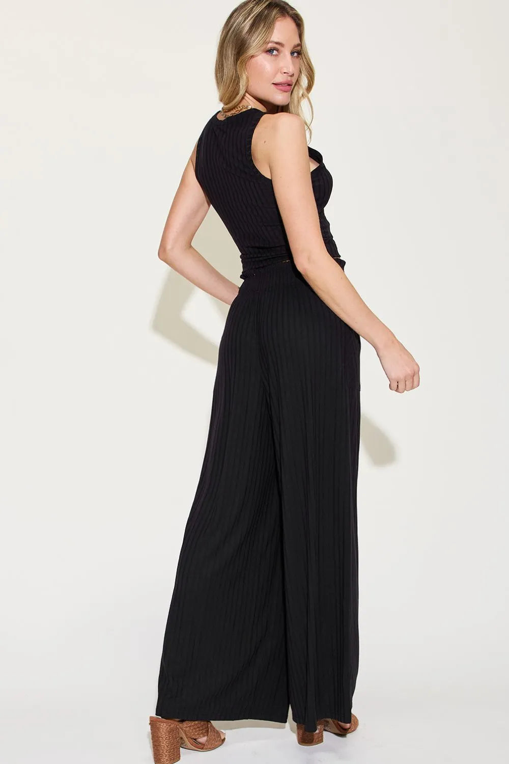 Plus Size Ribbed Tank and Wide Leg Pants Set in Orange for Women
