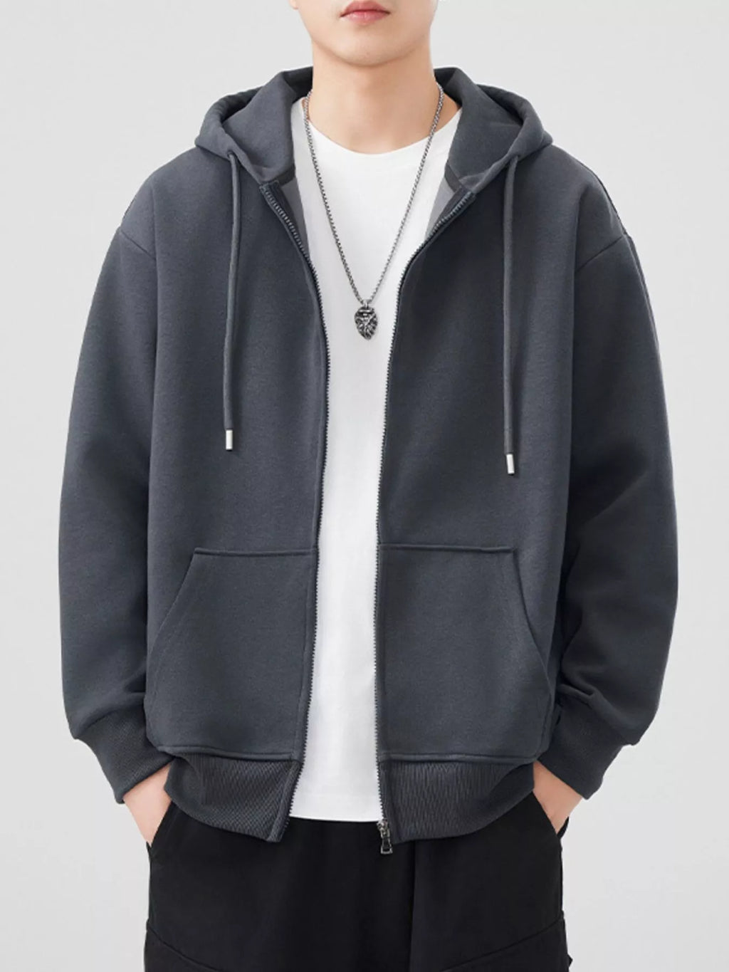 Plus Size Solid Color Zip-Up Hoodie in Black for Men