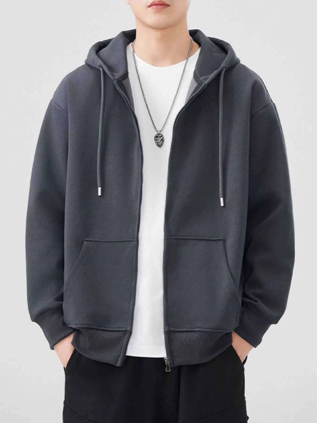 Plus Size Solid Color Zip-Up Hoodie in Black for Men