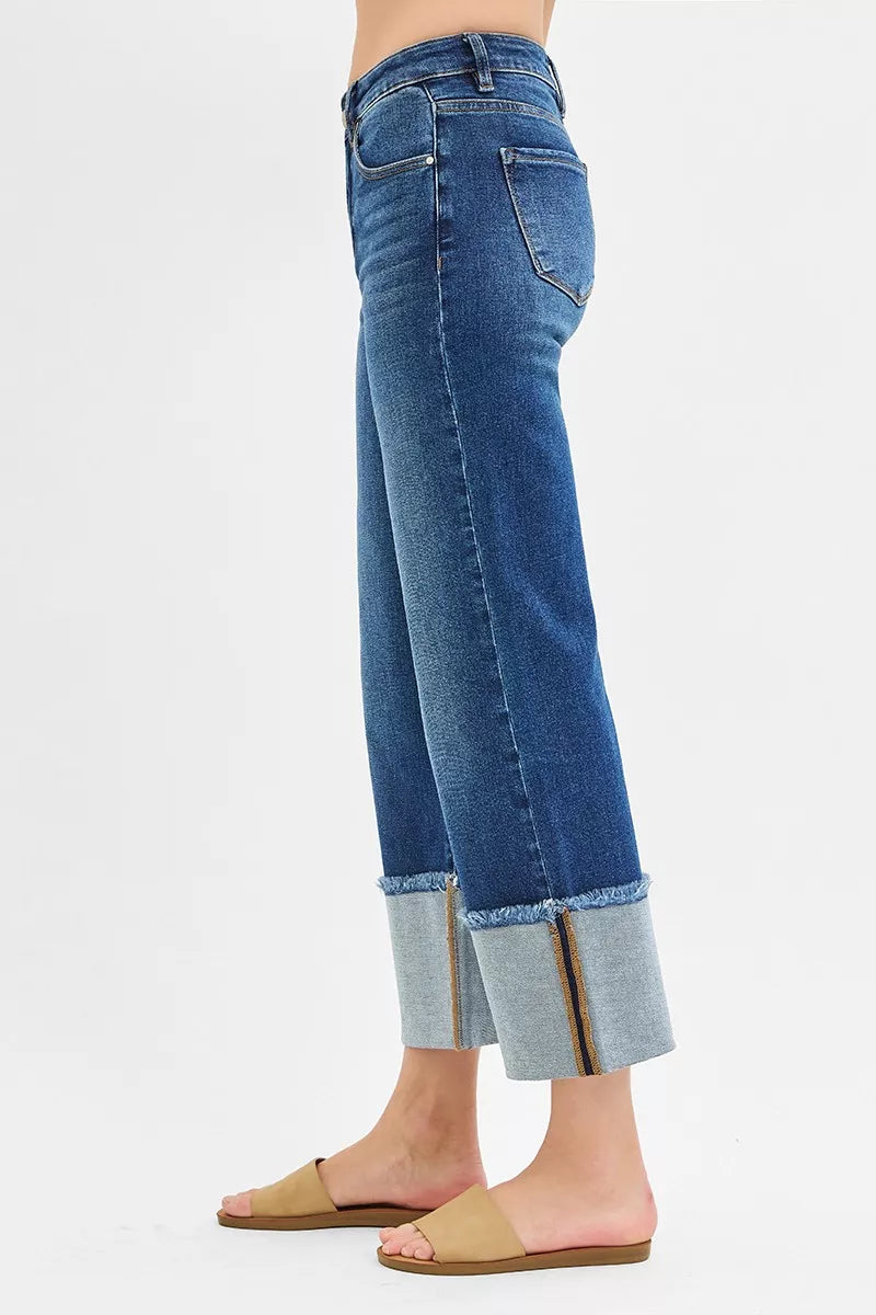 Mid Rise Crop Wide Wide Cuffed Jeans Plus Size in Dark for Women