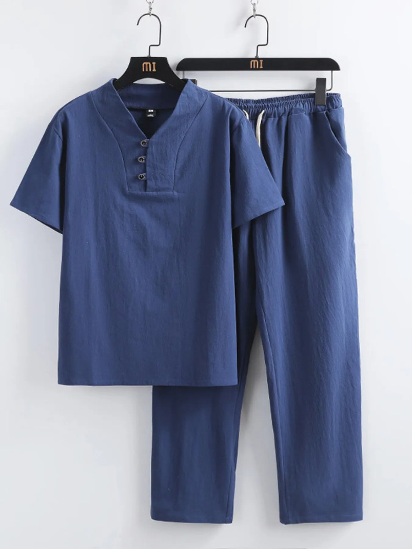 Plus Size V-Neck Short Sleeve Top and Pants Set in White for Men