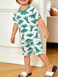 Dinosaur Print Casual Tee and Shorts Set in Green for Boys