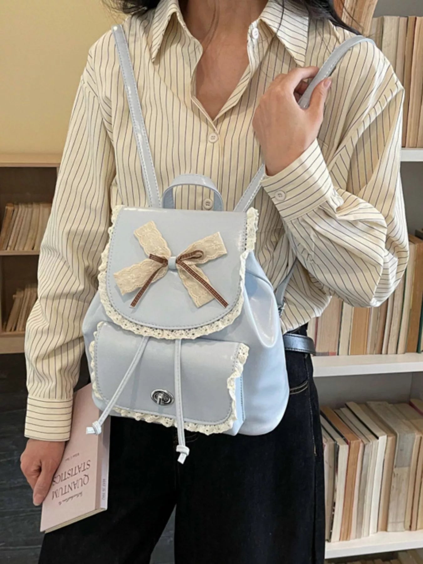 Lace Trim Bow Decor Backpack Bag for Women