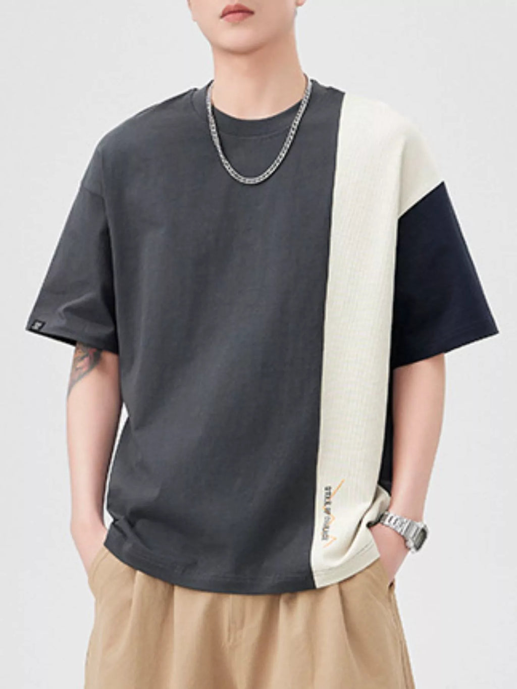 Plus Size Color Block Casual T-Shirt in Coffee Brown for Men