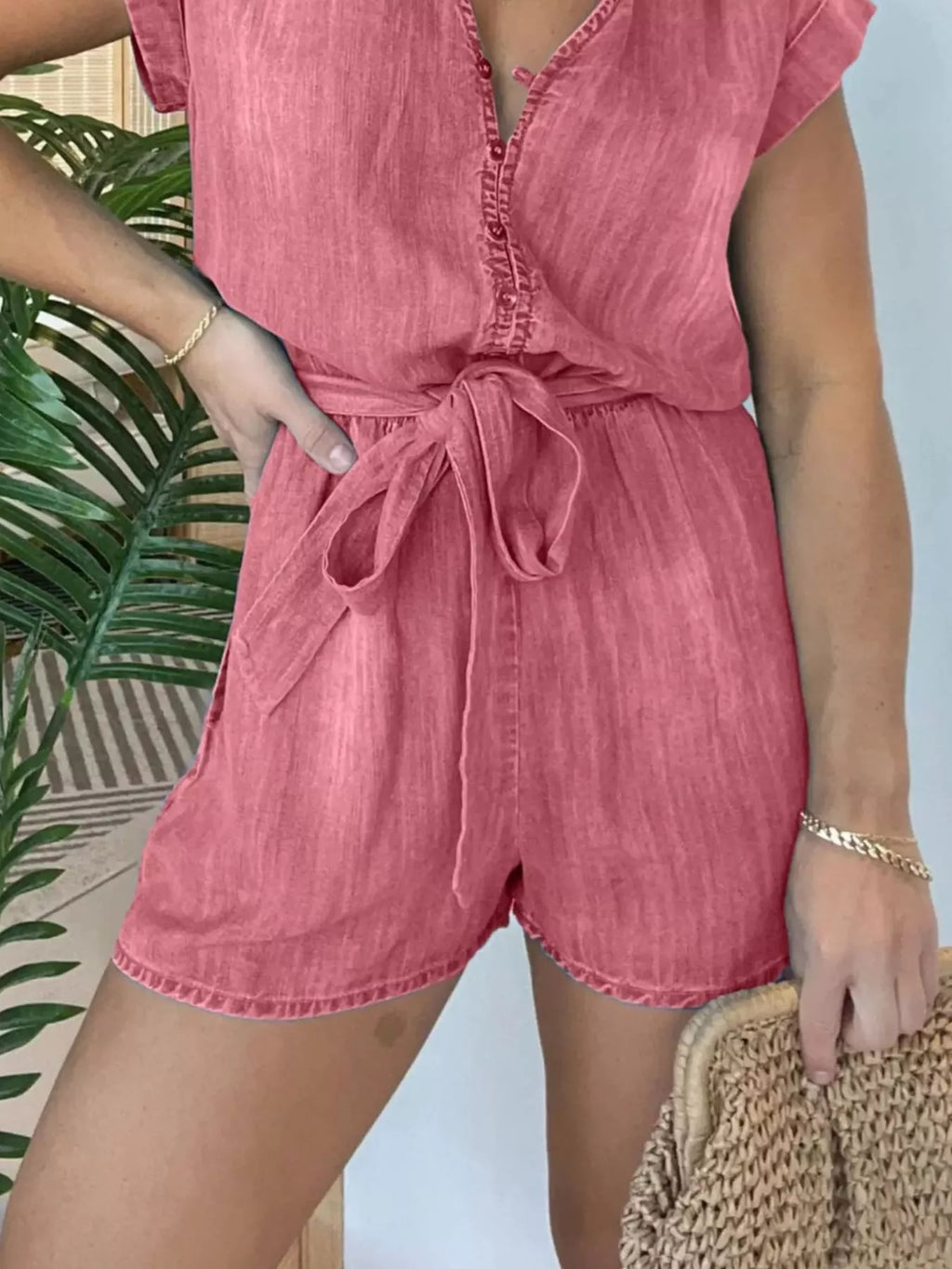 Plus Size Tie Waist Cap Sleeve Romper in Black for Women