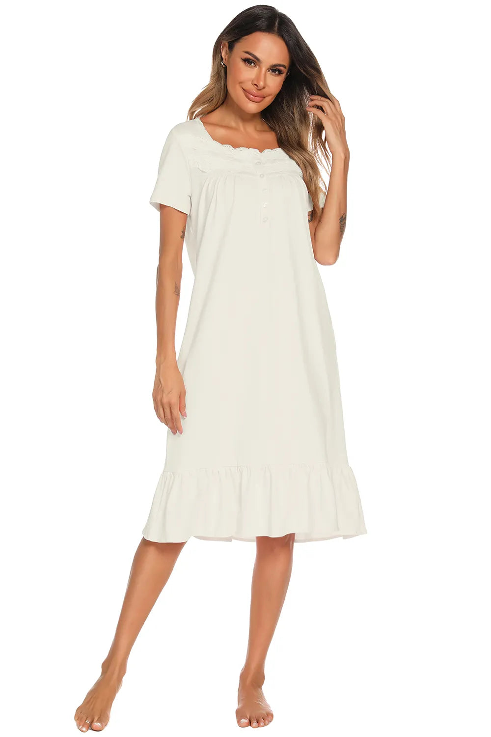 Lace Detail Square Neck Lounge Dress in White for Women