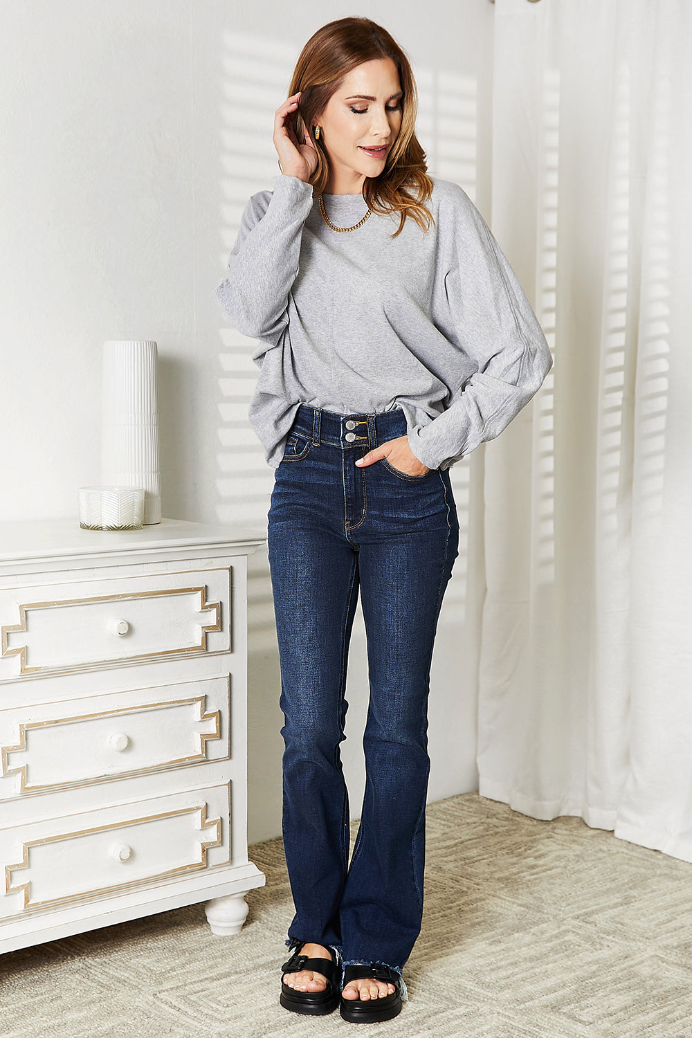Seam Detail Round Neck Long Sleeve Top for Women