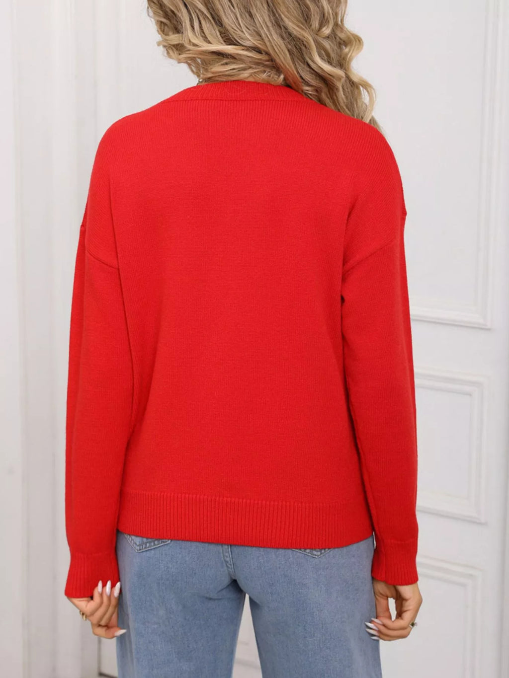 Valentines Day Heart Round Neck Dropped Shoulder Sweater in White for Women