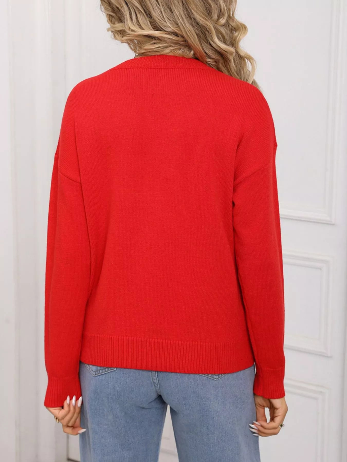Valentines Day Heart Round Neck Dropped Shoulder Sweater in White for Women