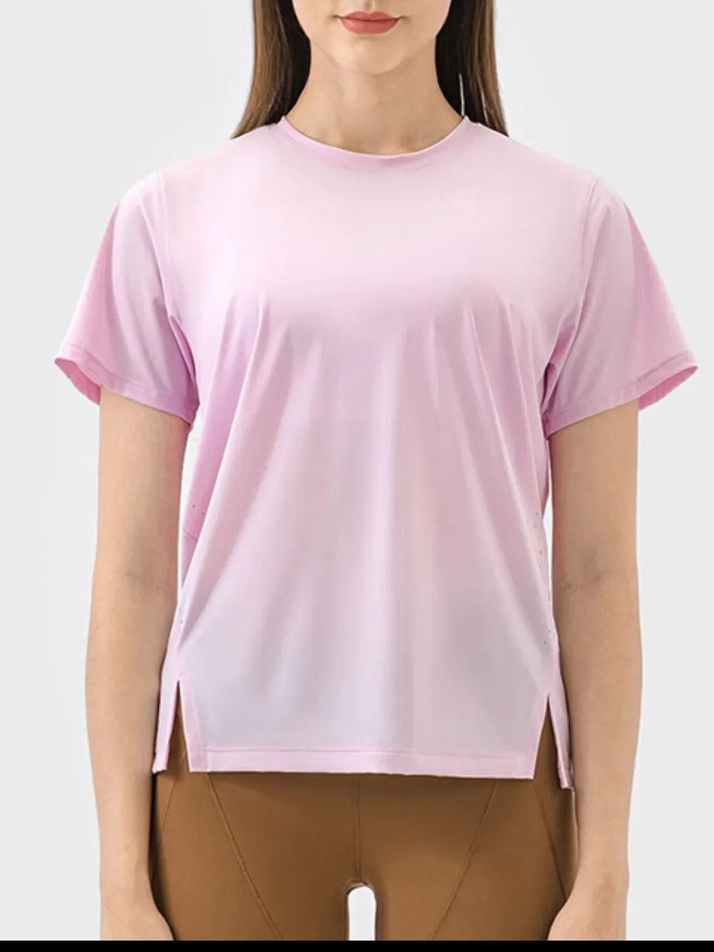 Slit Round Neck Short Sleeve Active T-Shirt in Dark Green for Women
