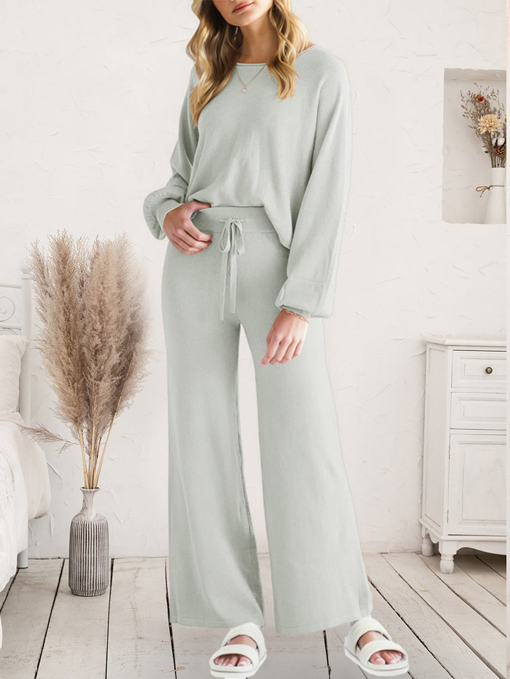 Long Sleeve Lounge Top and Drawstring Pants Set in Dark Gray for Women