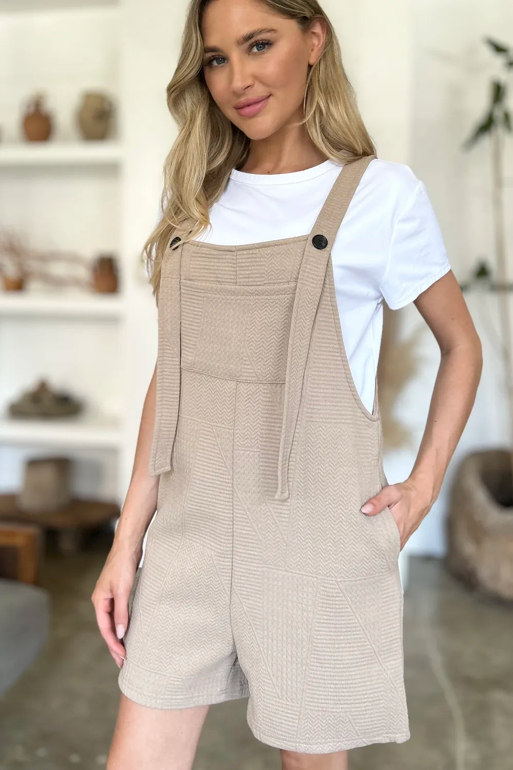 Plus Size Texture Sleeveless Romper in Khaki for Women