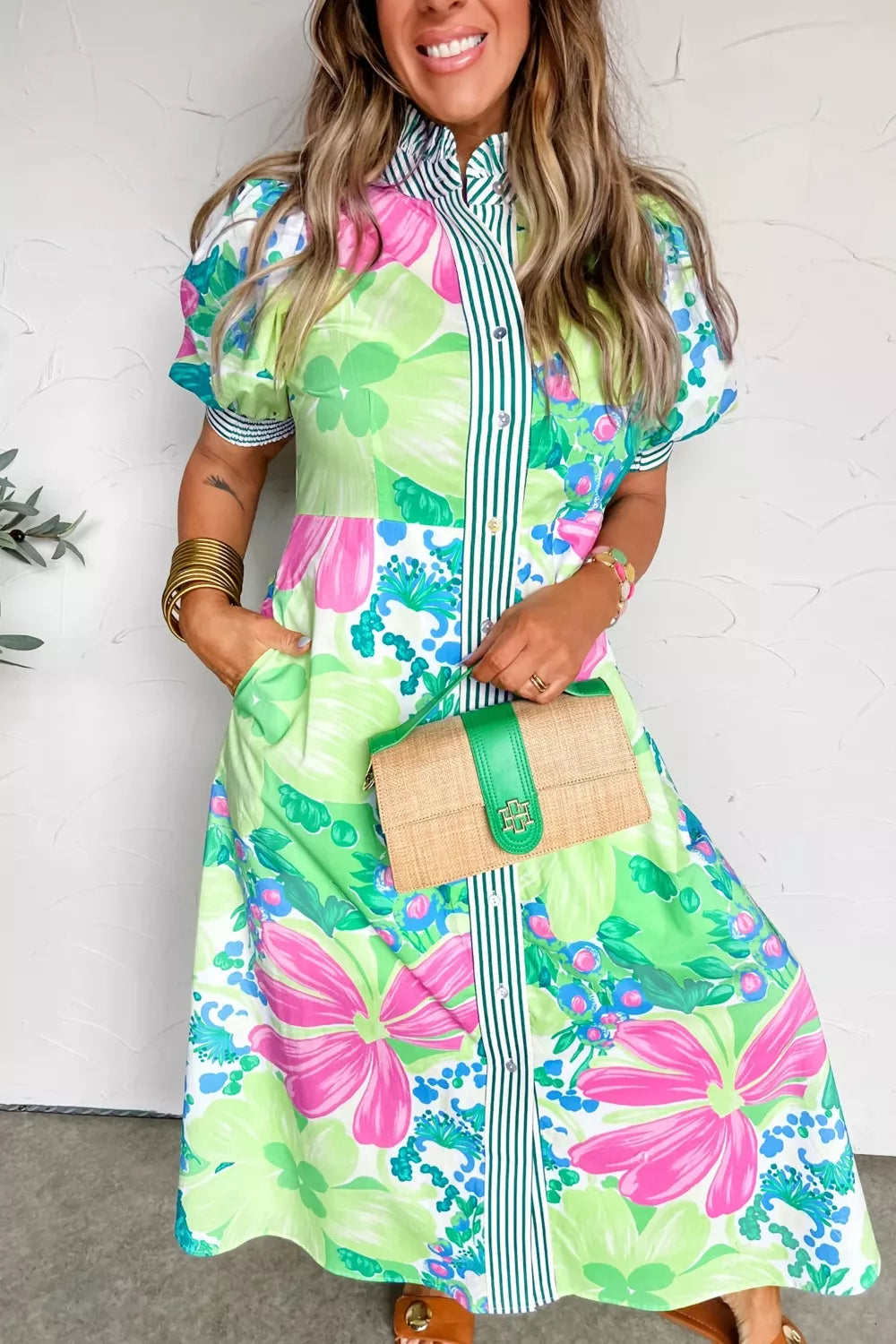 Floral Print Button-Up Midi Dress with Puff Sleeves in Neon Green for Women