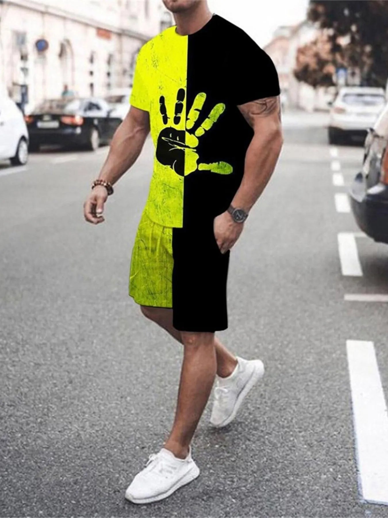 Gradient Color Casual Tee and Shorts Plus Size Set in Orange-Red for Men