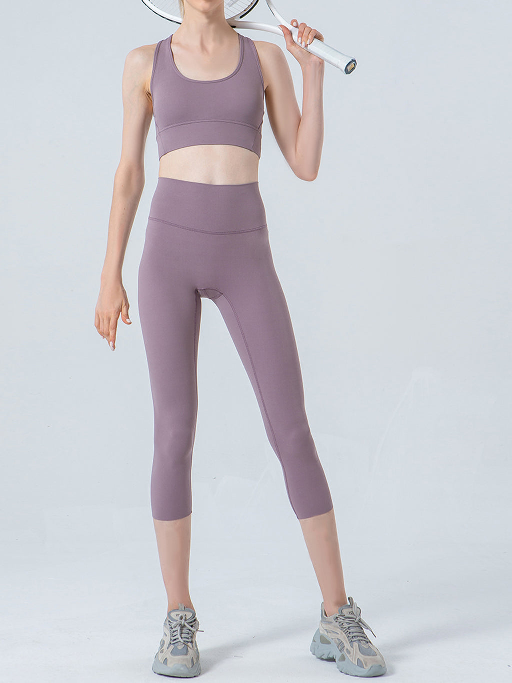 Wide Waistband Cropped Sports Leggings in Lavender for Women
