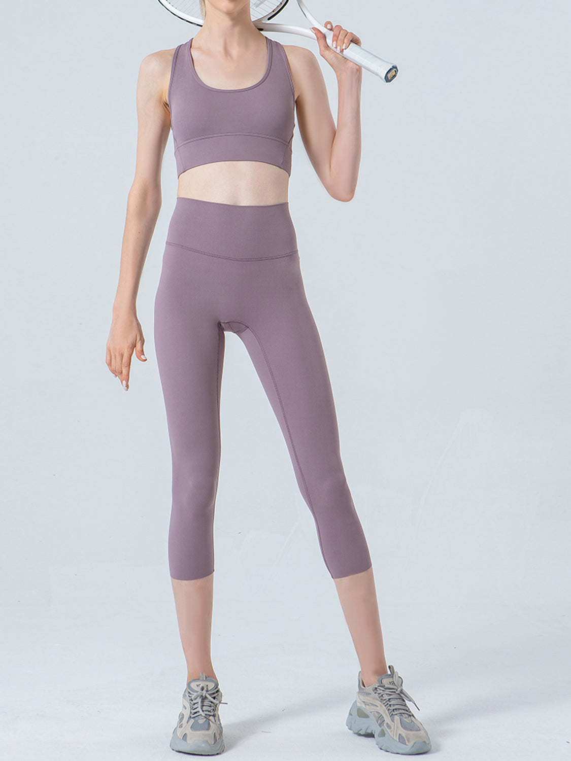 Wide Waistband Cropped Sports Leggings in Lavender for Women