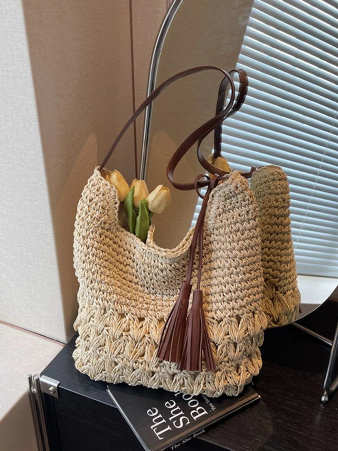 Woven Straw Shoulder Bag with Tassels for Women