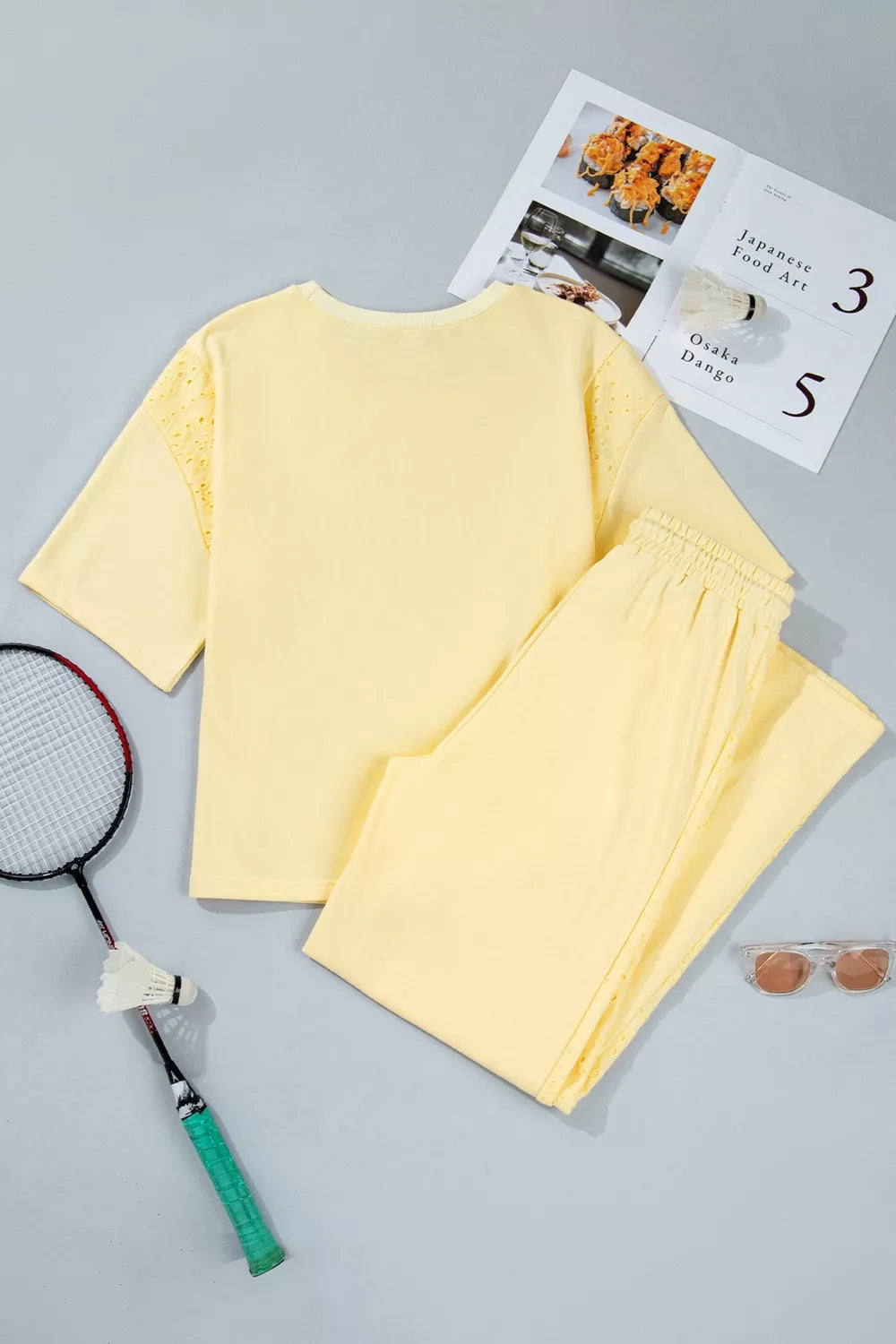 Half Sleeve Top and Drawstring Pants Set in Pastel Yellow for Women