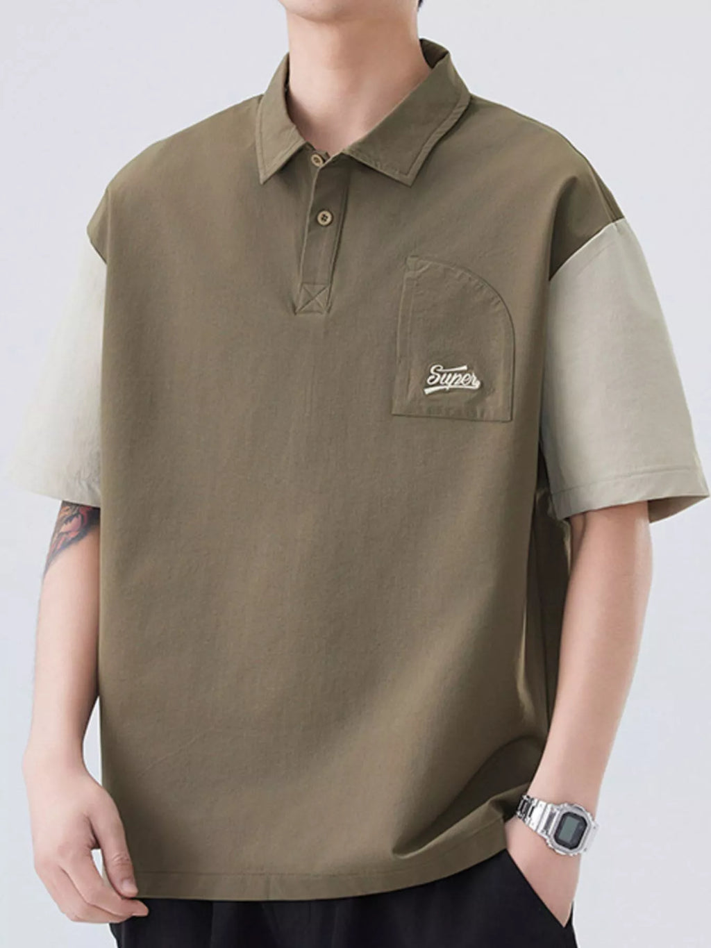 Plus Size Button Detail Short Sleeve Casual Polo in Green for Men