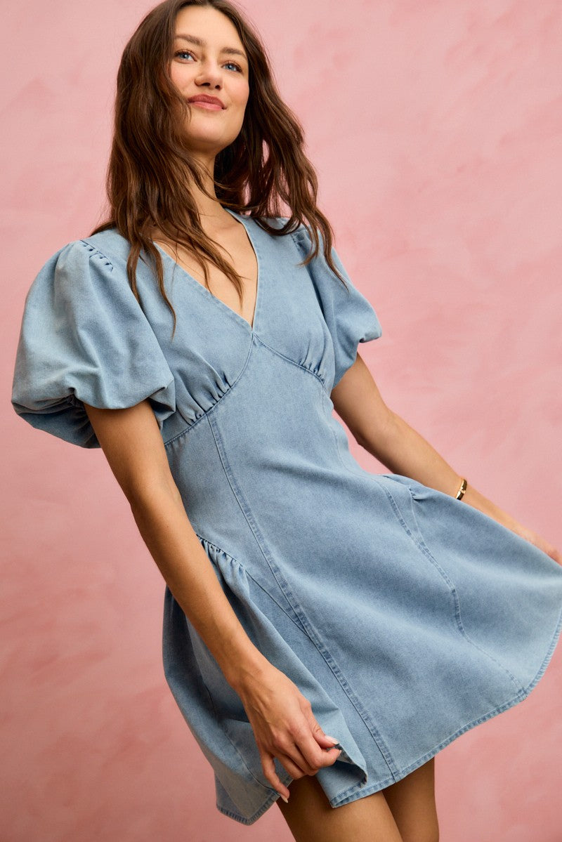 Bubble Sleeves Denim Fit and Flare Mini Dress for Women