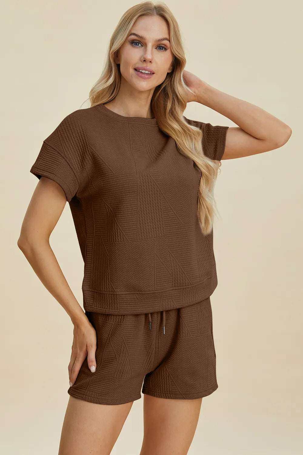 Plus Size Texture Short Sleeve Top and Shorts Set in Cerulean for Women