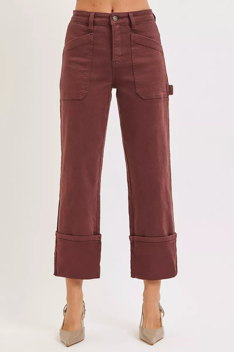 High Rise Wide Straight Cuffed Patch Jeans Plus Size in Choco Brown for Women