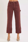 High Rise Wide Straight Cuffed Patch Jeans Plus Size in Choco Brown for Women
