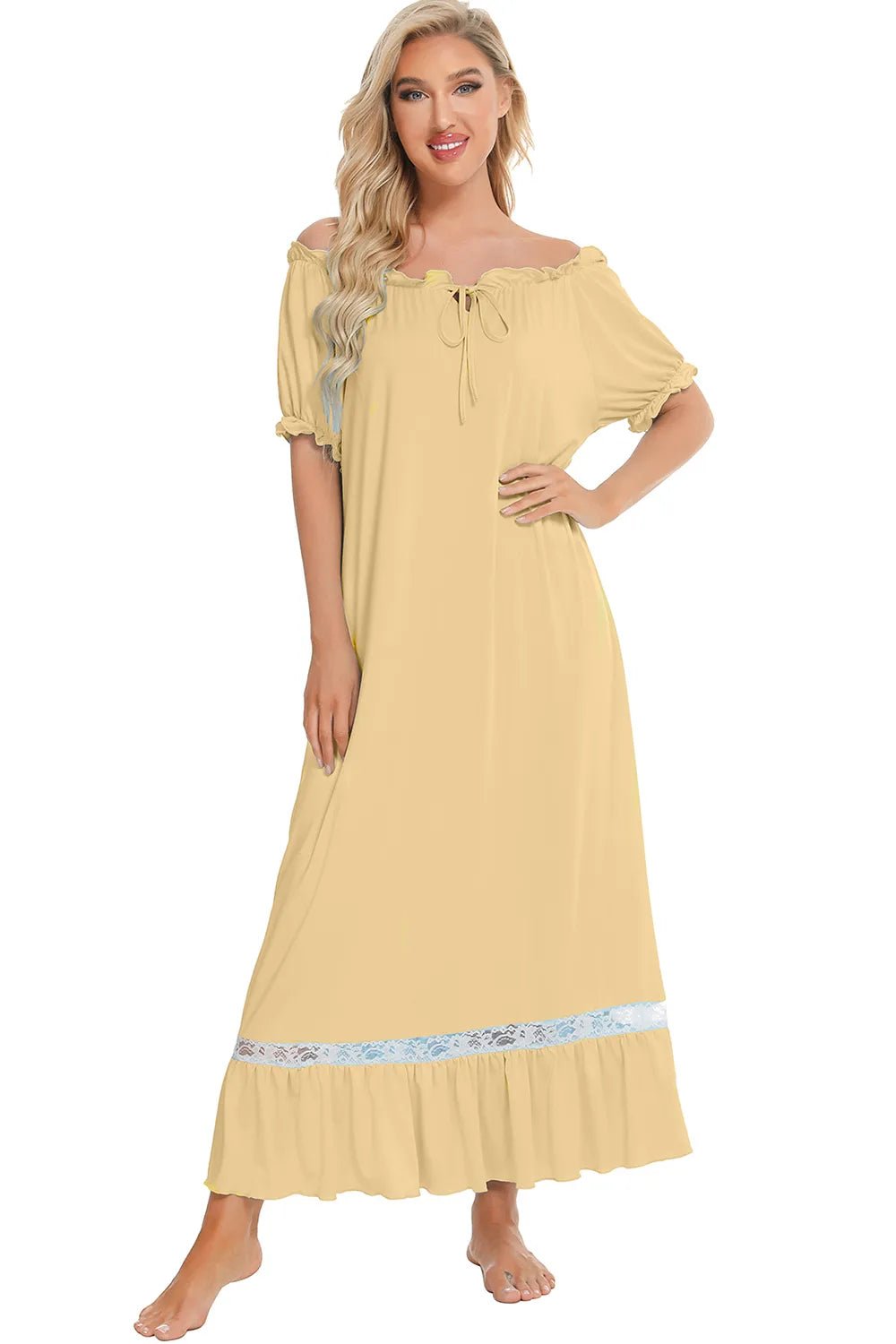 Lace Detail Short Sleeve Lounge Dress in Light Green for Women