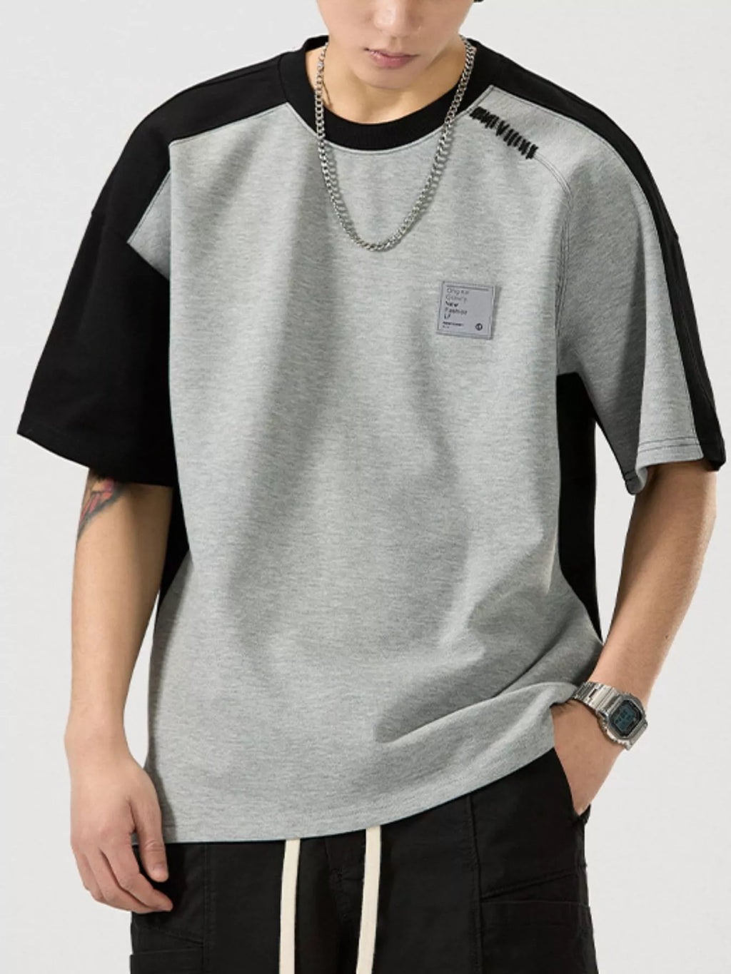 Contrast Round Neck Short Sleeve T-Shirt Plus Size in Black and White for Men