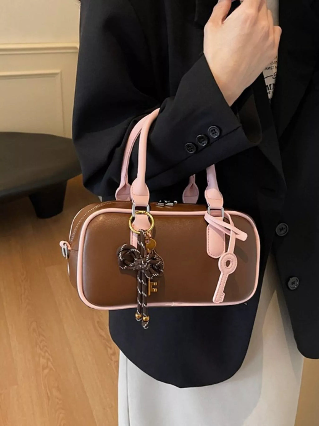 Barrel Crossbody Bag with Key Charm for Women