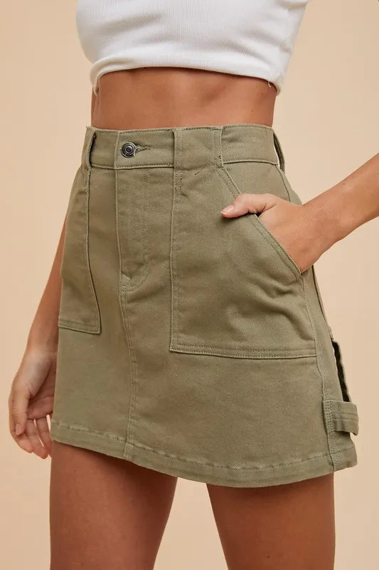 Cargo Denim Mini Skirt in Olive for Women