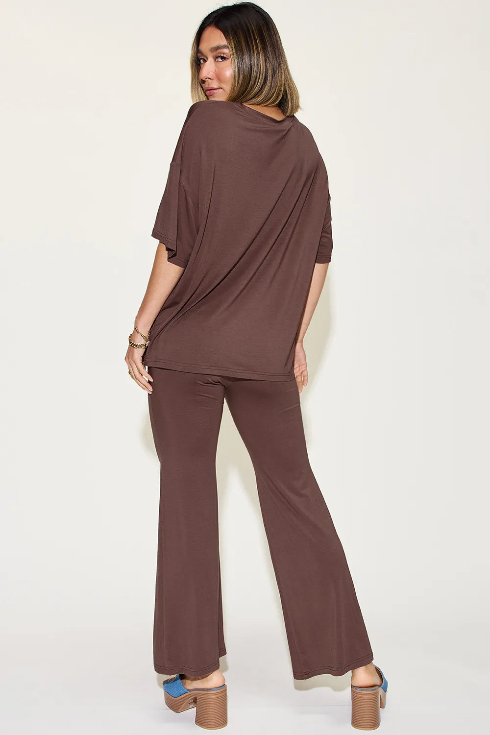Plus Size Bamboo Drop Shoulder T-Shirt and Flare Pants Set in Coral for Women